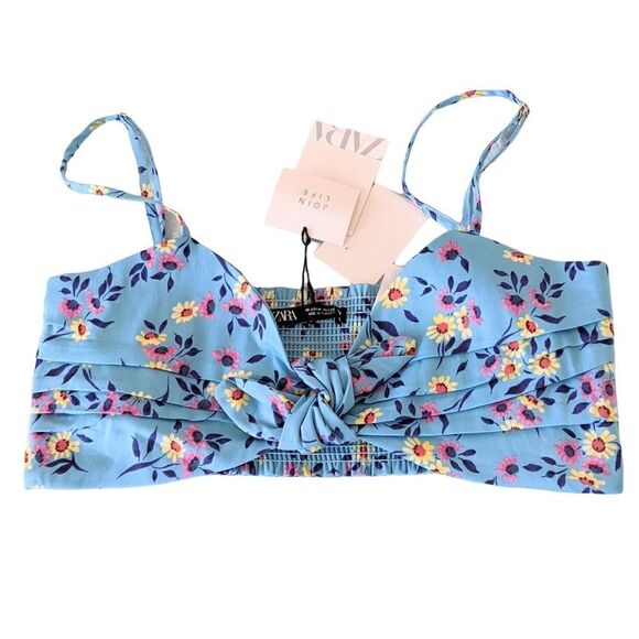 Nwt ZARA Blue floral crop top bra smocked back adjustable straps sz Medium C5 - Picture 1 of 8
